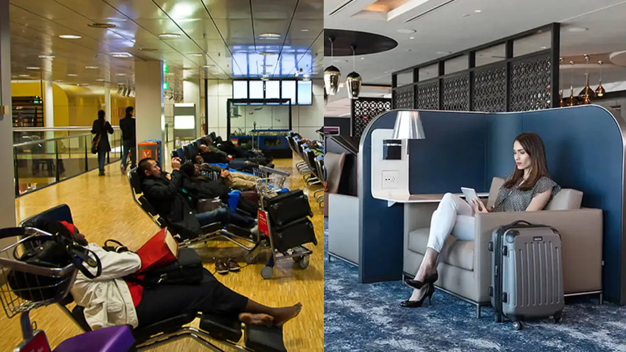 Close up on a plate of mashed potatoes, topped with baked pork chops with cream of mushroom soup, and a side of green beans.